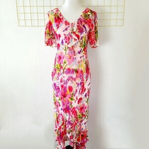Phool Hot Pink Floral Ruffles Fairy 90s Y2K Vintage Maxi Dress